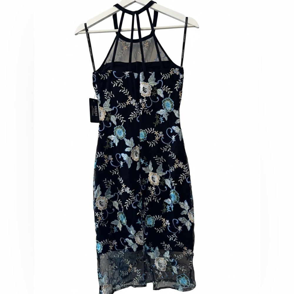 NWT Guess Black Mini Dress with Blue and White Embroidered Floral Design Size 0 - Picture 3 of 6